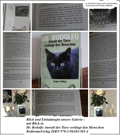 Blick und Einladungin unsere Galerie - mit Blick ins Buch Dr. Rodolfo Anwalt der Tiere verklagt den Menschen