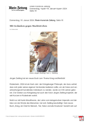Rheinzeitung 17.01.2024  Mit der Schrift gegen Krieg und Tierquälerei der Rüdesheimer Autor Jürgen Zwilling