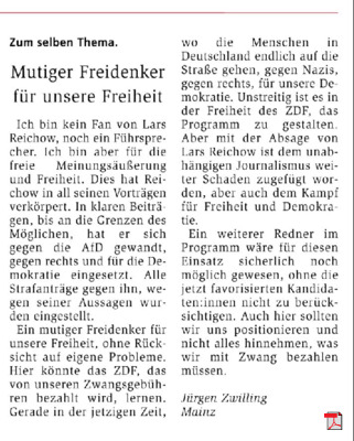Allgemeine Zeitung Mainz 09.02.2024 Lars Reichow nicht bei Fernsehsitzung Mainz bleibt Mainz